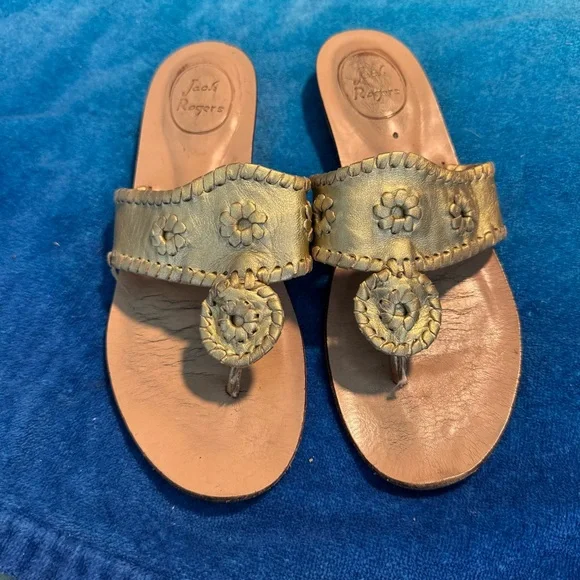 Jack Rogers Gold Leather Sandals Size 8M | Classic Whipstitch Thong Slide - Picture 2 of 4